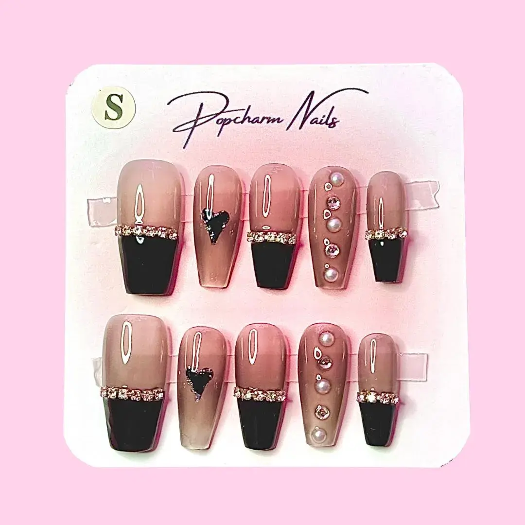 Midnight Elegance Press On Nails β Nude & Black Rhinestone Nails | Pearl Accent