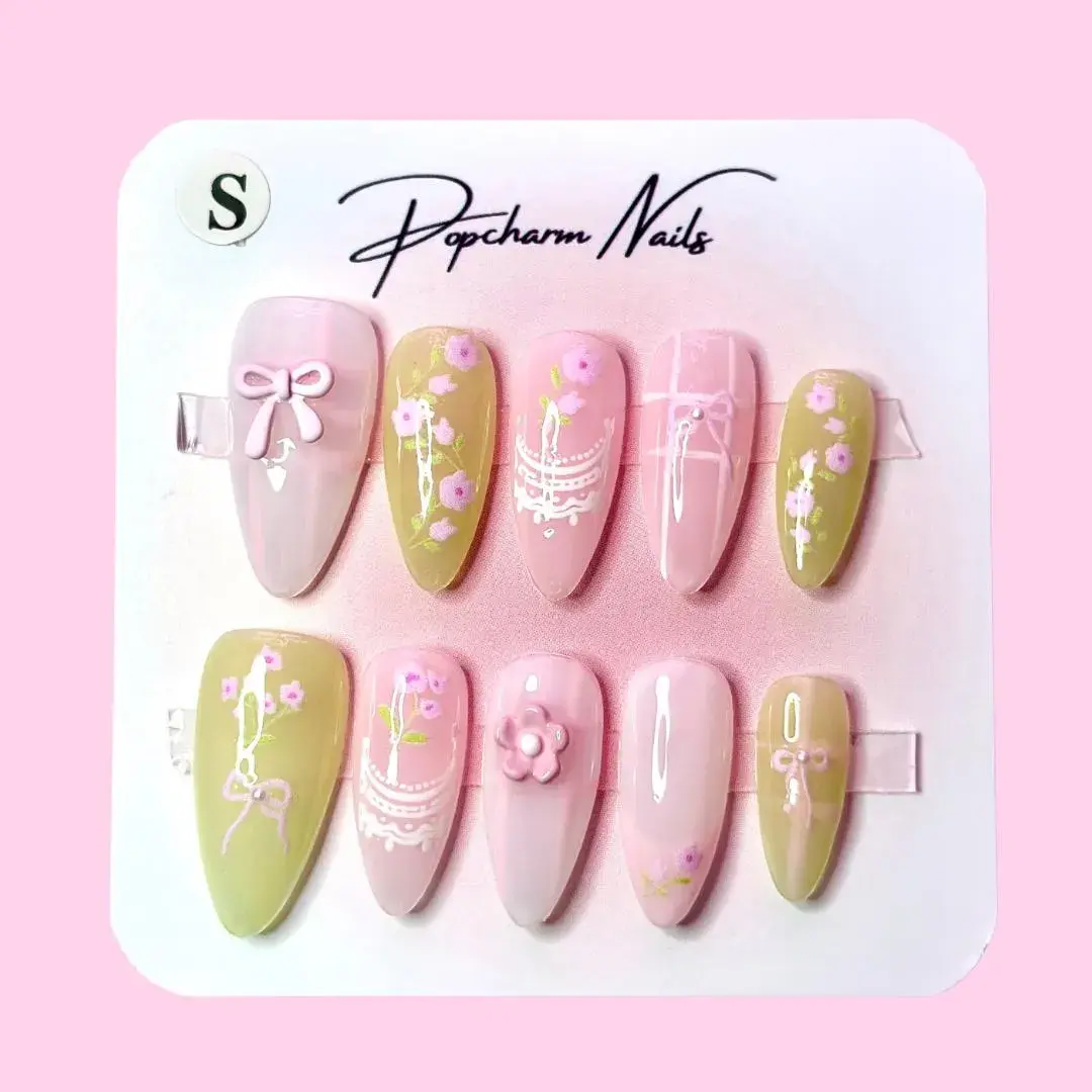 Cottagecore Press On Nails: Pink & Sage Floral Lace Bow Coffin Nails