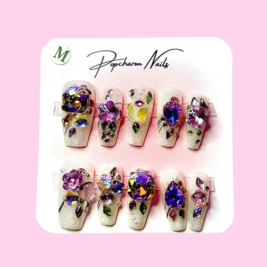 Enchanted Garden Press On Nails – Rhinestone Floral Butterfly Nail Set | Glitter