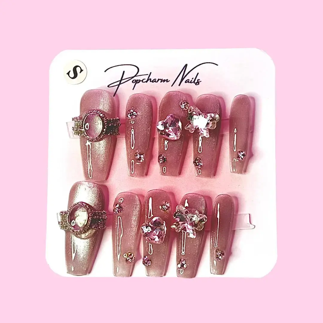 Rosé Luxe Press-On Nails – Shimmer Pink Gemstone Set