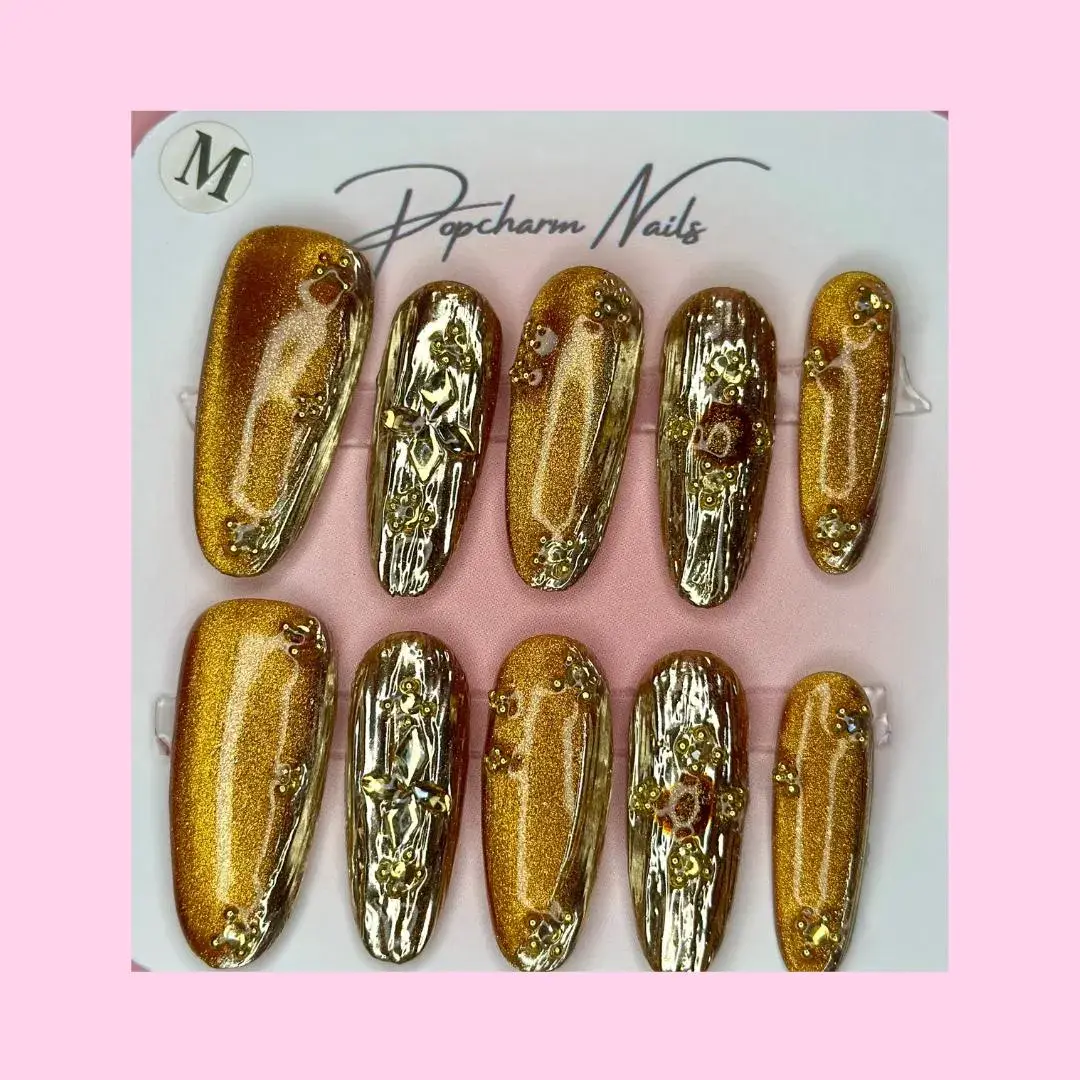 Molten Gold Press On Nails: Chrome & Glitter Long Coffin Nail Set