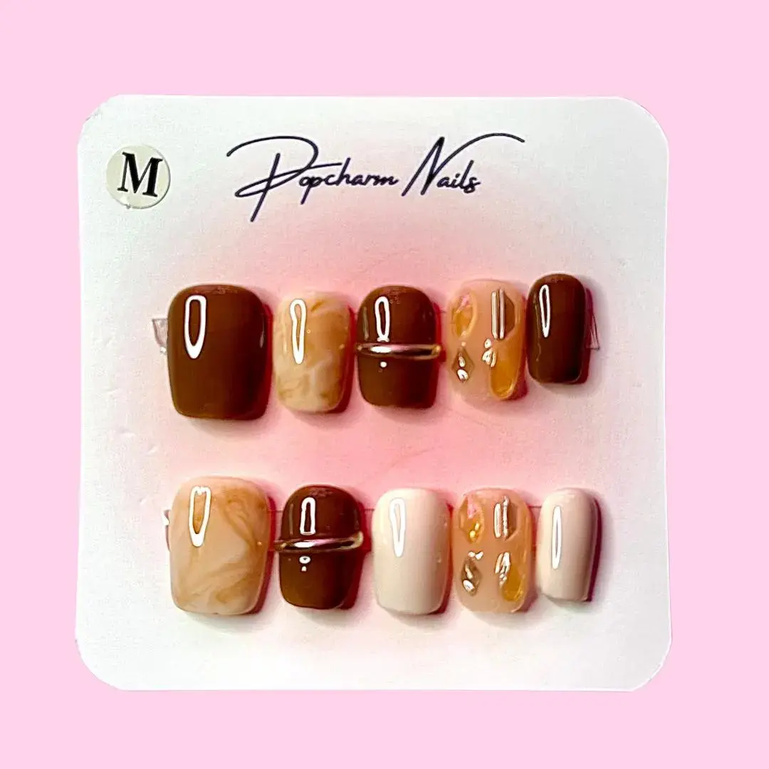 Mocha Swirl Press-On Nails – Neutral Brown Coffee Set