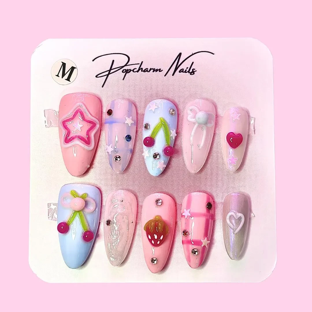Kawaii 3D Charm Press On Nails: Pink Pastel Star Cherry Coffin Nails