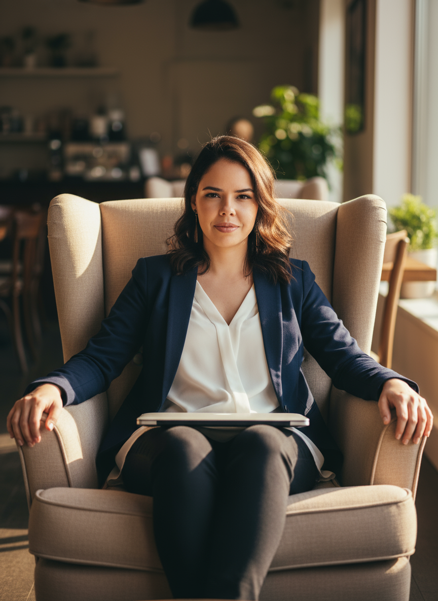 Dani, designer e estrategista da Identimedia, sentada numa poltrona com o notebook no colo