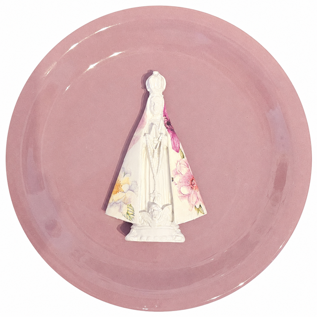 Prato de Porcelana Aparecida entre Flores Rosé , 3D - 25 cm