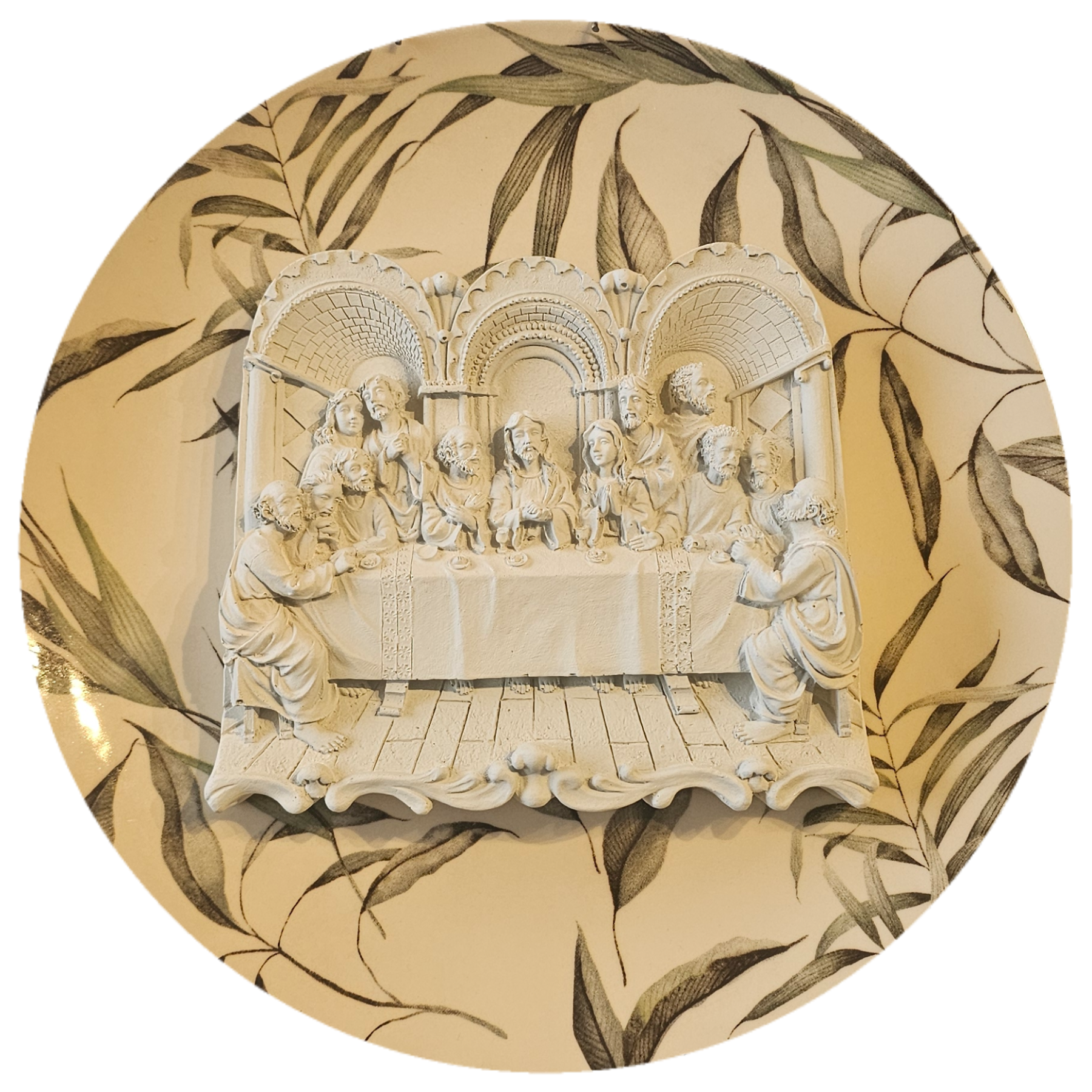 Prato de Porcelana Santa Ceia no Jardim de Folhas, 3D - 28 cm