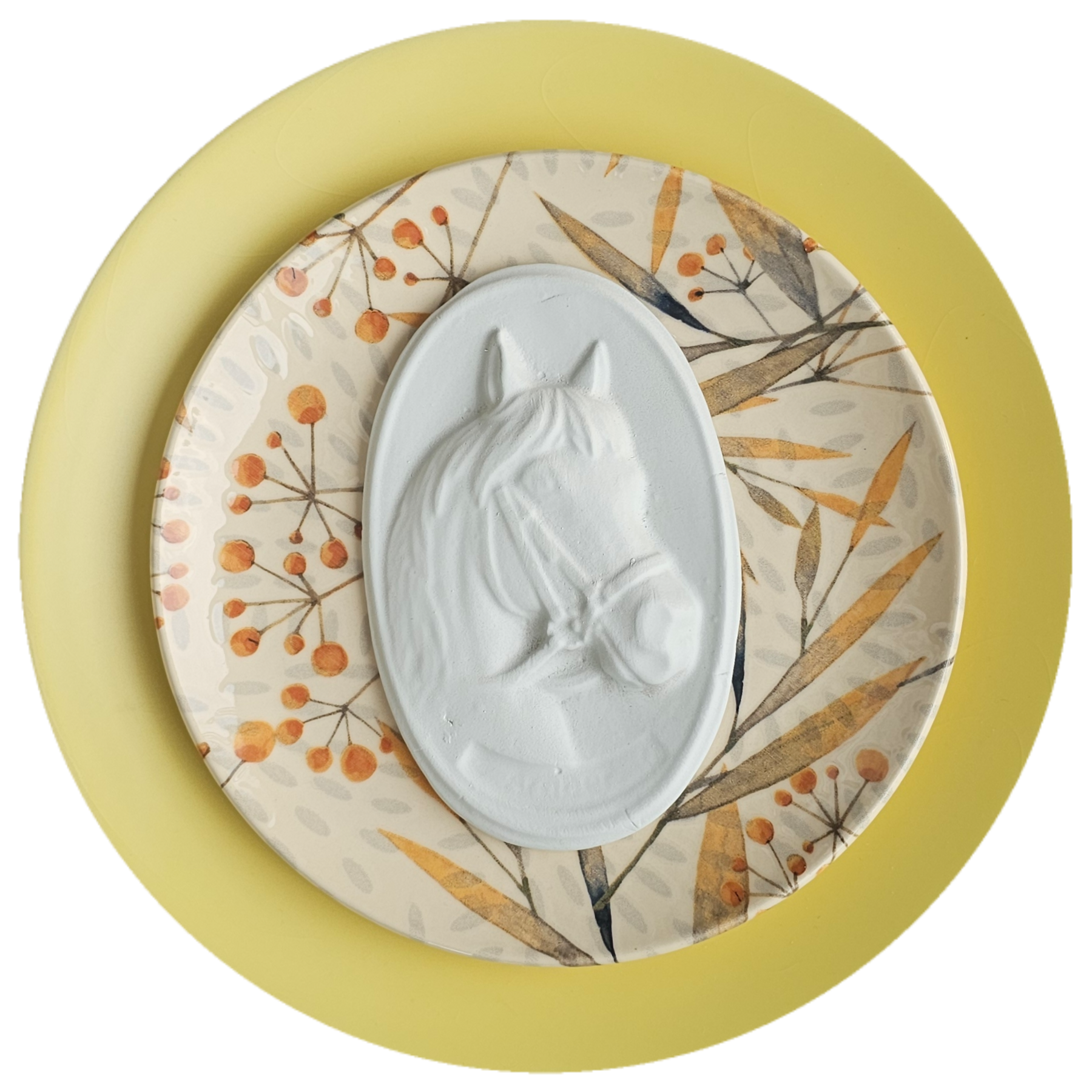 Prato de Porcelana Cavalo Imperial Flor de Outono , 3D - 27 cm