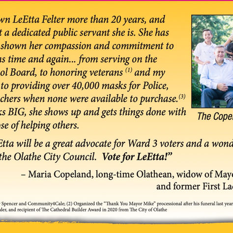 Endorsed by former First Lady of Olathe, Maria Copeland