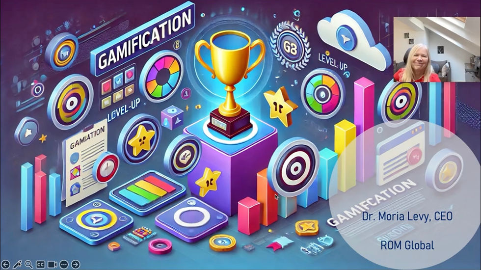 Illustration of gamification concepts featuring a trophy, achievement badges, progress bars, colorful charts, stars, and game-inspired interface elements. A speaker video window appears in the corner with Dr. Moria Levy, CEO of ROM Global, presenting on how gamification enhances engagement, learning, and knowledge management.
