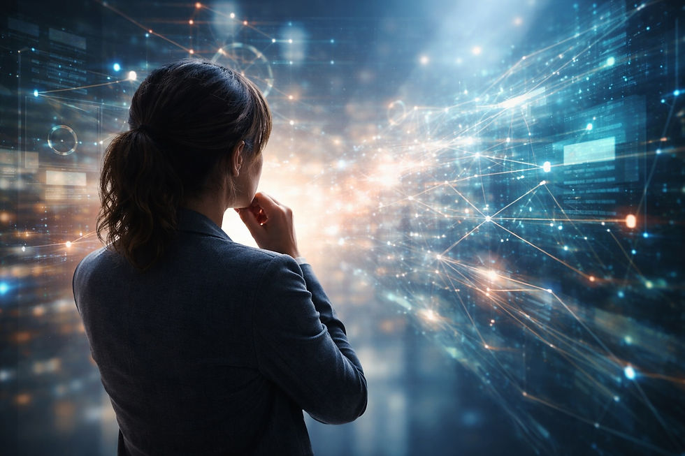 A woman in business attire stands in a dim, futuristic environment, viewed from behind, thoughtfully observing a glowing digital network of data points, lines, and interface elements representing interconnected information and insights.