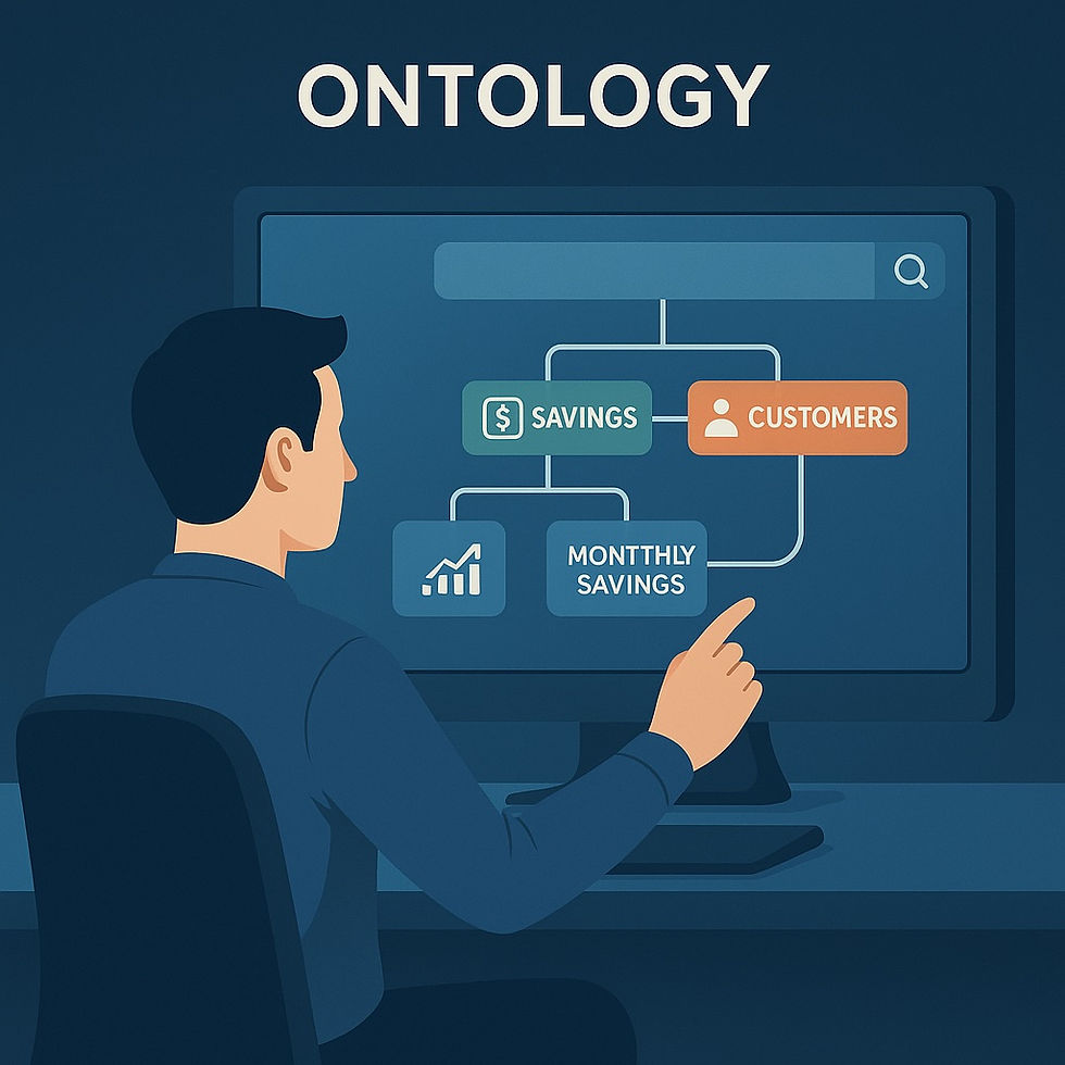 Man pointing at flowchart on a computer screen labeled "ONTOLOGY," showing "SAVINGS" and "CUSTOMERS." Blue and orange tones.