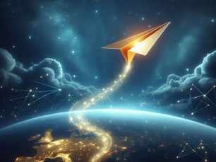 A golden paper airplane soars above Earth with glowing trails, set against a starry sky with clouds and interconnected glowing patterns.