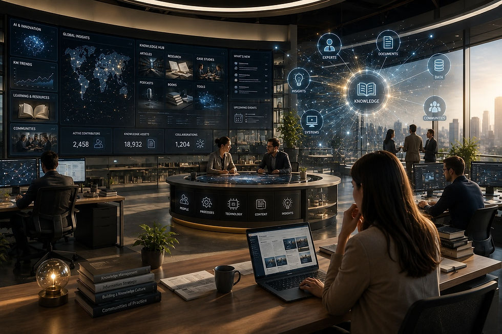 Modern knowledge management workspace featuring a large digital knowledge hub dashboard with AI insights, articles, research, documents, communities, and data visualizations. Professionals collaborate around interactive displays in a contemporary office, illustrating knowledge sharing, collaboration, and AI-powered information management.