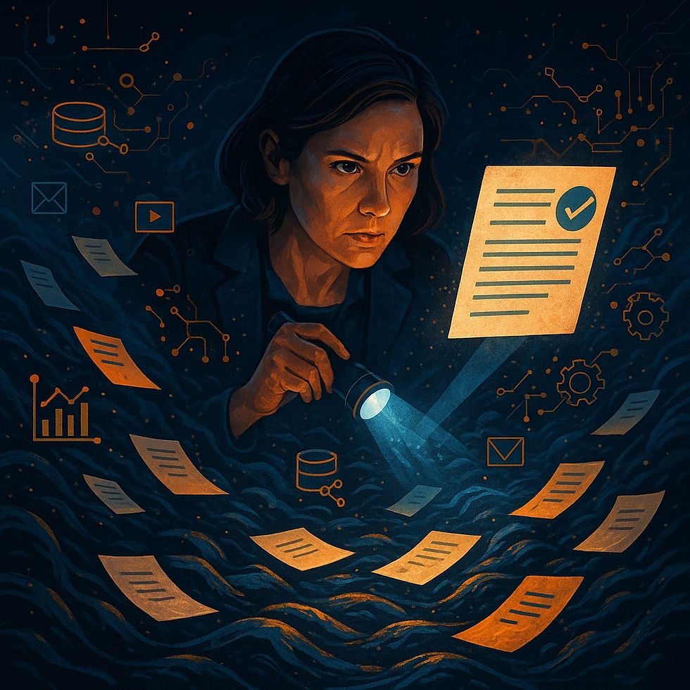 A person with a focused expression uses a flashlight on floating documents, surrounded by digital symbols, in a dark, data-themed setting.