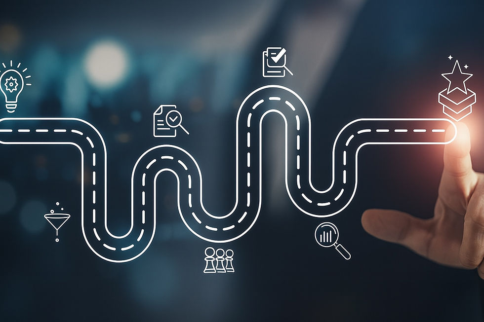 A hand points to a winding roadmap featuring icons of ideas, teamwork, analysis, and success in a blurred background.