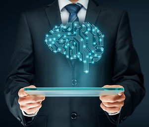A person holding a tablet with a brain