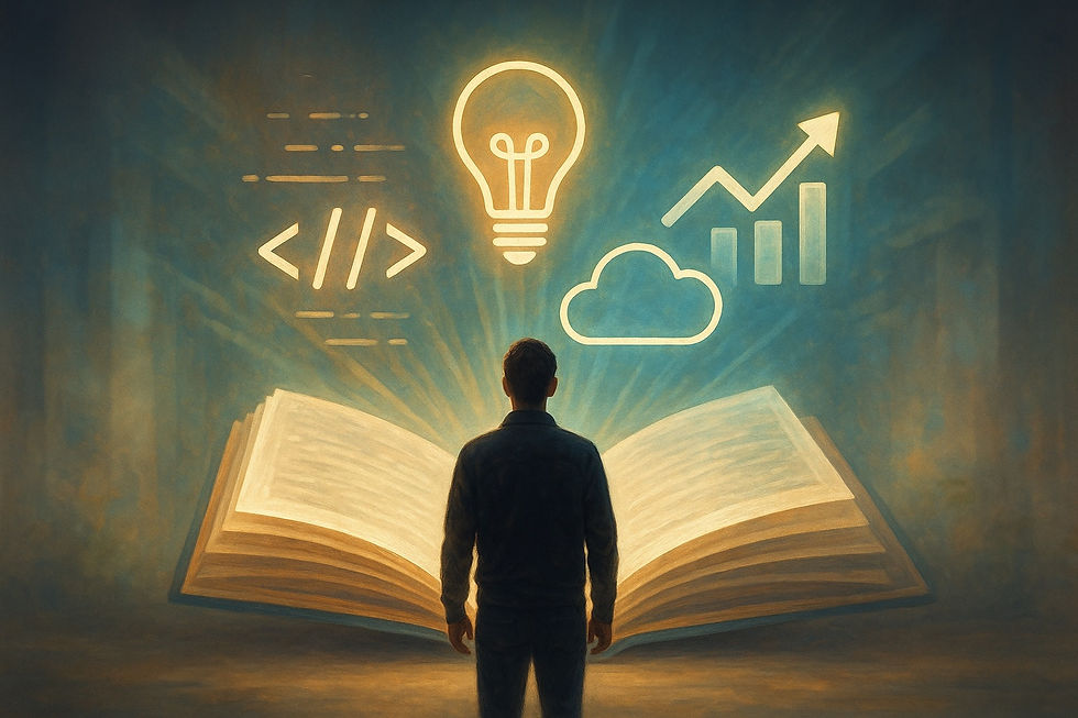 A silhouetted figure stands before an open book, with glowing icons symbolizing coding, ideas, cloud computing, and growth above it.