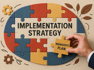 Puzzle pieces with "Implementation Strategy" text. Hand places yellow piece labeled "Manager's Plan." Earth tones and leaf decorations.