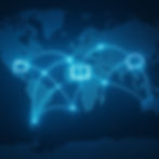 A global map with glowing blue icons representing communication, education, and business interconnected by lines.
