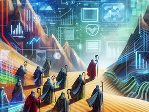 Figures in robes with staffs walk through a digital desert landscape, surrounded by colorful data and geometric designs against mountains.