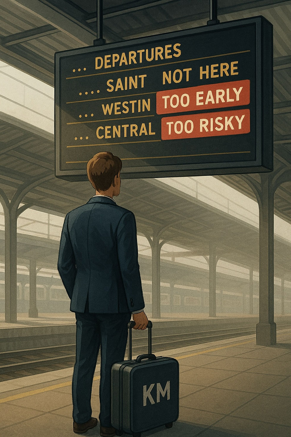 Man in suit holds suitcase labeled "KM" at empty train station. Departure board reads "Saint: Not Here, Westin: Too Early, Central: Too Risky."