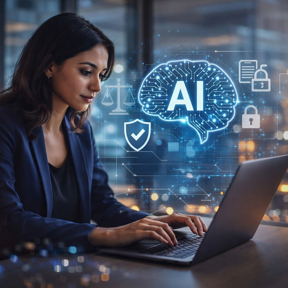 אישה עובדת מול מחשב נייד במשרד מודרני, כשמולה מוצגים אייקונים של מוח AI, אבטחה, צדק ונתונים דיגיטליים, המסמלים שימוש אחראי בבינה מלאכותית בסביבה ארגונית.