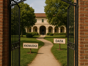 Open iron gate to a path leading to a building. Signs read "Knowledge" and "Data." Lush green lawn, trees, and blue sky.