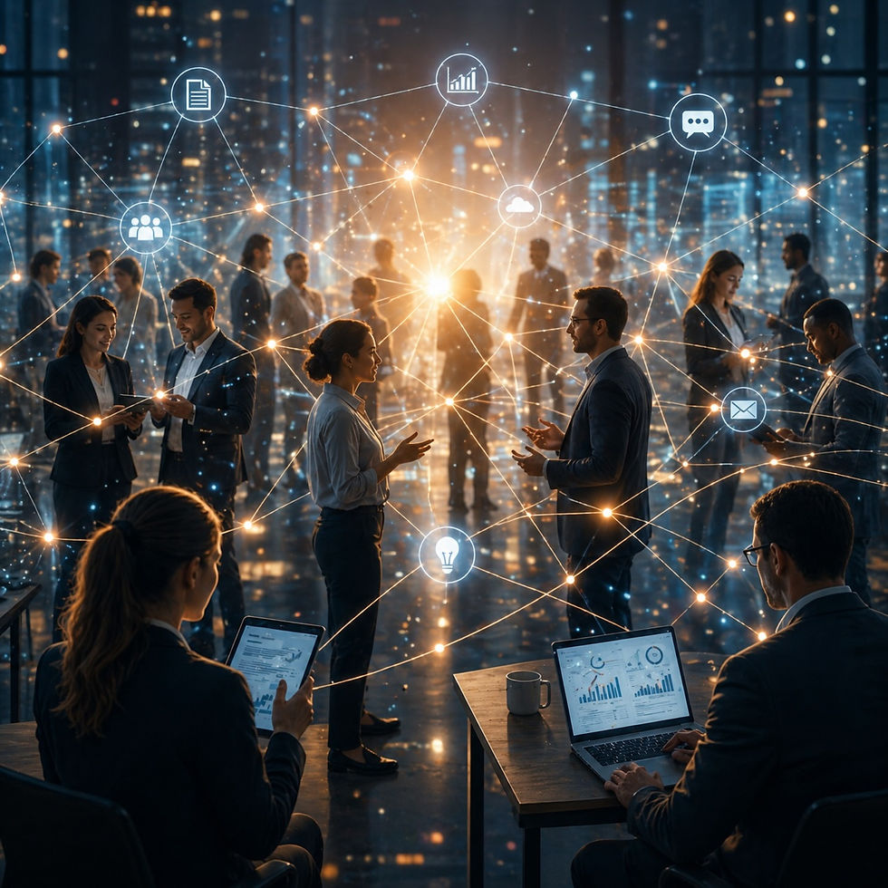 Business professionals in a modern office interact and collaborate while a glowing network of connected nodes and icons overlays the scene—representing digital knowledge sharing, communication, and data-driven collaboration across teams.