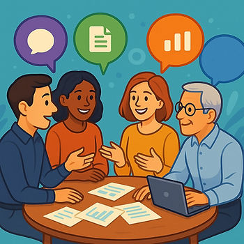 Four diverse people happily discuss around a table with papers and a laptop. Colorful speech, document, and chart icons float above.