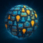 A glowing globe covered in blue and orange icons representing knowledge, innovation, and technology, showcasing interconnected ideas.