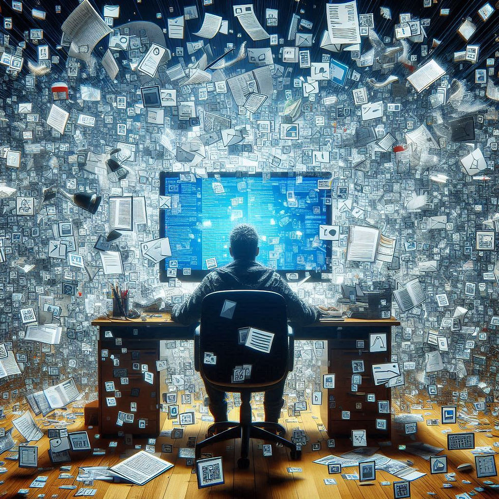 Person at desk surrounded by digital documents on a screen and flying papers. Blue hues create a busy, overwhelming atmosphere.