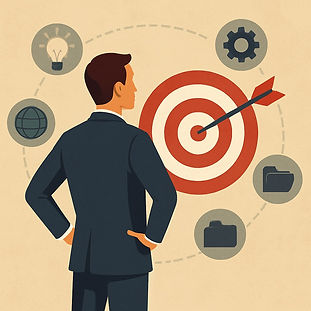 A man in a suit faces a target with an arrow in the center, surrounded by icons like gears and folders, symbolizing focus and goal-setting.