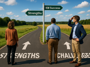 Three people stand at a forked road with signs saying "KM Success" and "Strengths." The road is marked "STRENGTHS" and "CHALLENGES."