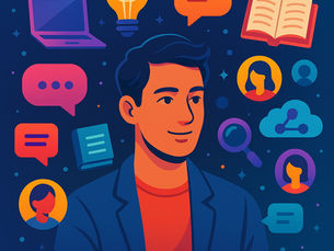 Man in a suit surrounded by colorful icons; laptop, speech bubbles, magnifying glass, light bulb; suggesting communication and ideas.