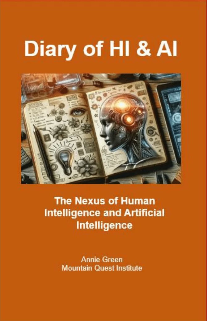 Orange book cover titled Diary of HI & AI, with open notebook and human-AI face illustration; subtitle and Annie Green visible.
