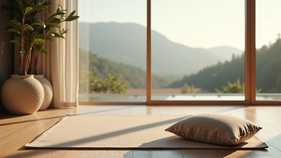 Vue rapprochée d’un tapis de yoga et d’un coussin de méditation dans un coin paisible