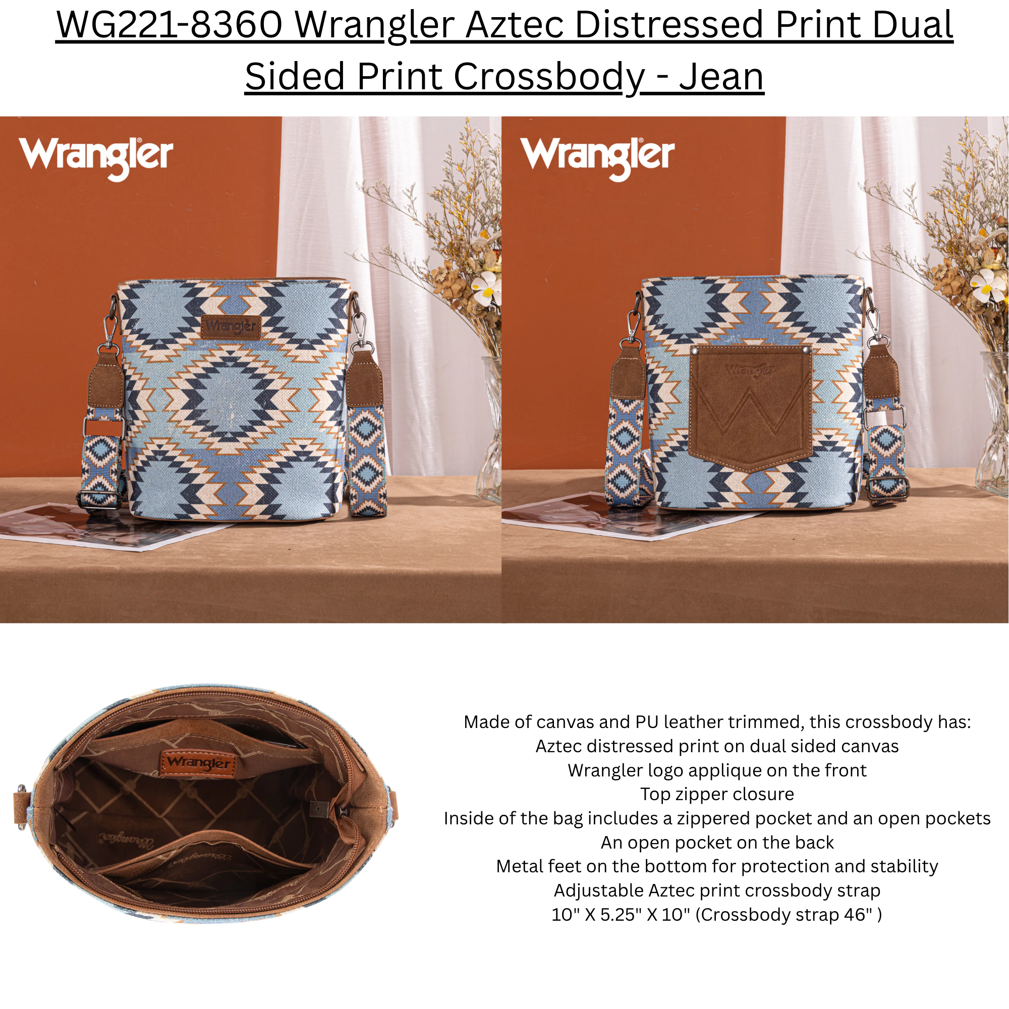 Wrangler Aztec Distressed Print Dual Sided Print Crossbody - Jean