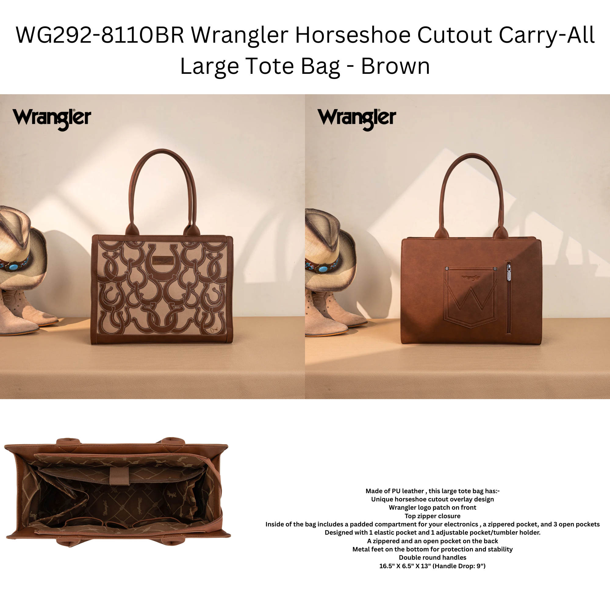 Wrangler Horseshoe Cutout Carry-All Large Tote Bag - Brown