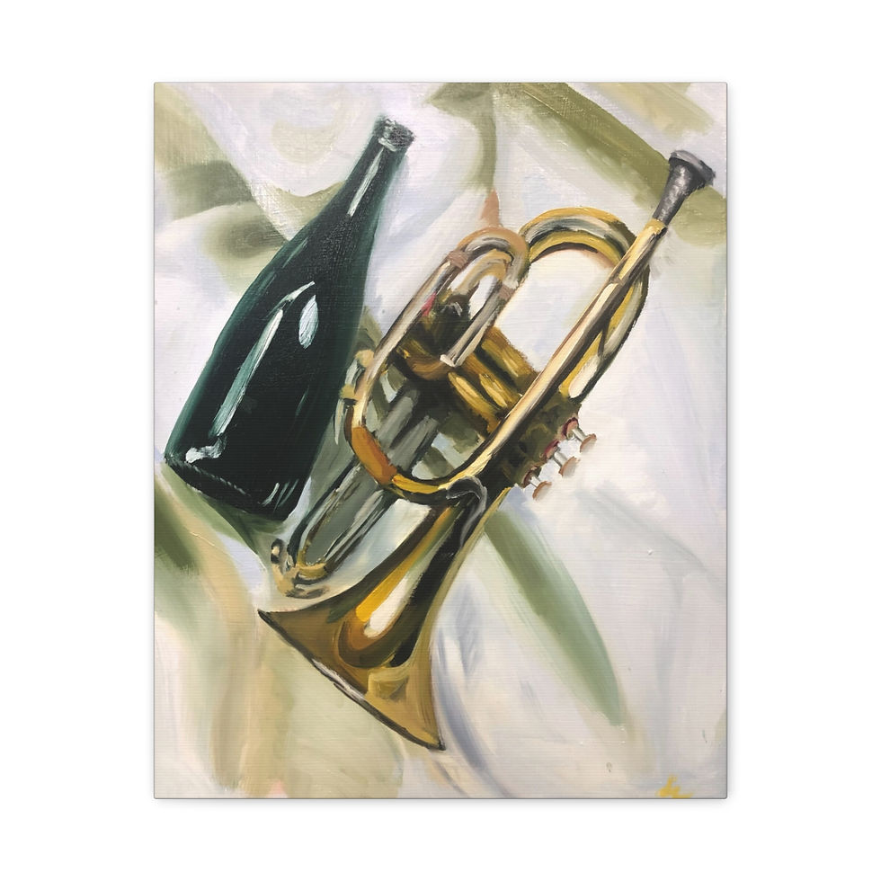 Thumbnail: Wine Bottle and Trumpet Still Life Canvas, Matte Stretched Wall Art Painting