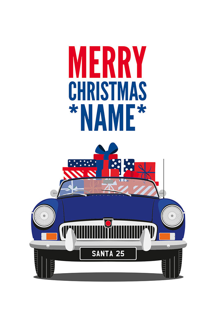 Personalised Blue MGB Roadster Christmas Card. Sports Car.