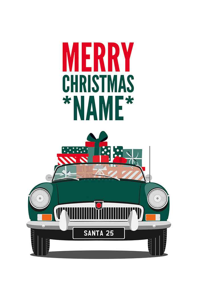 Personalised Green MGB Roadster Christmas Card. Sports Car.