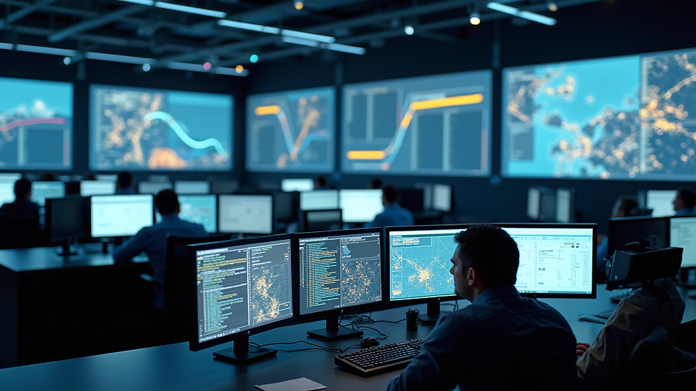 High angle view of a logistics control room with multiple screens showing freight routes