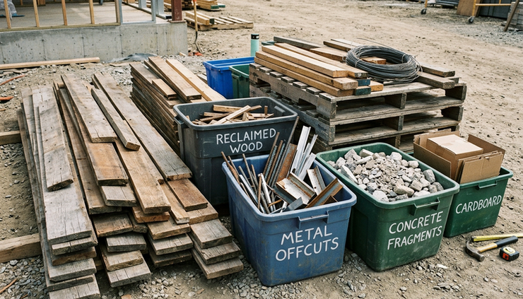 Close-up of sorted construction materials ready for reuse and recycling at an active jobsite.