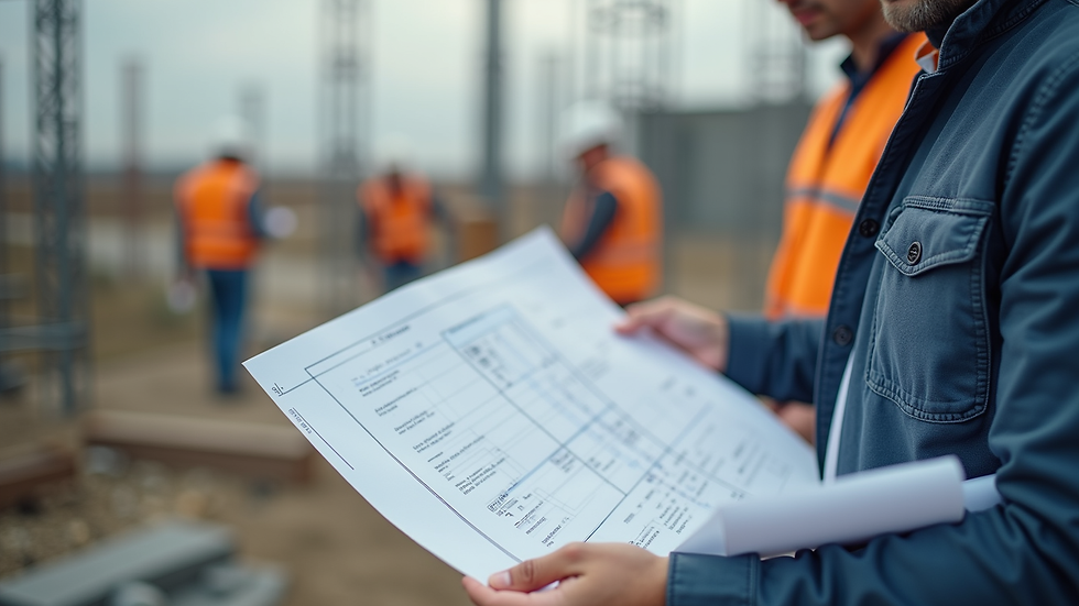 Close-up view of a project manager reviewing blueprints on a construction site