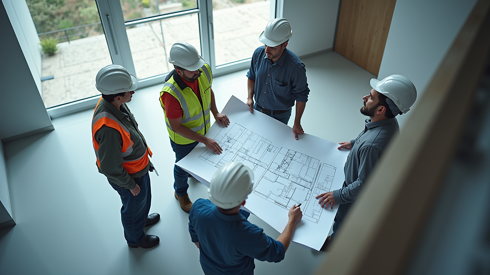 High angle view of construction team reviewing radiology center blueprints