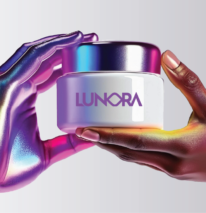 Lunora skincare product held by two hands. The hand on te left has a holographic liquid metal effect.