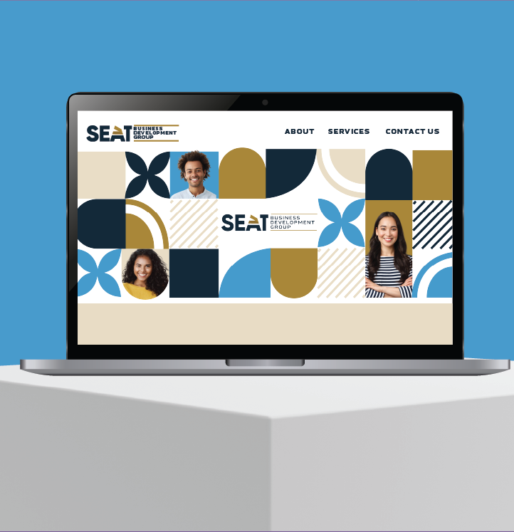 logo for SEAT Business Development Group with geometric pattern on an open labtop sitting on three dimensional pedestaltting