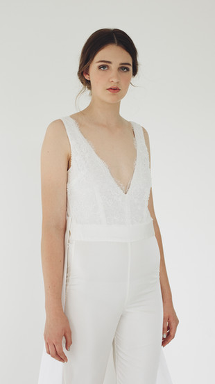 Wedding jumpsuit, train, silk, beaded lace fabric, sleeveless, tapered trouser leg