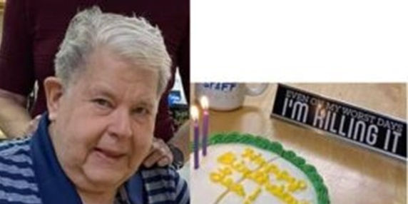LeRoy Carhart and second picture of birthday cake and desk sign saying "I'm killing it"