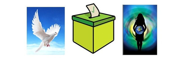 Images of a dove, a ballot box, and a woman with a baby in her belly